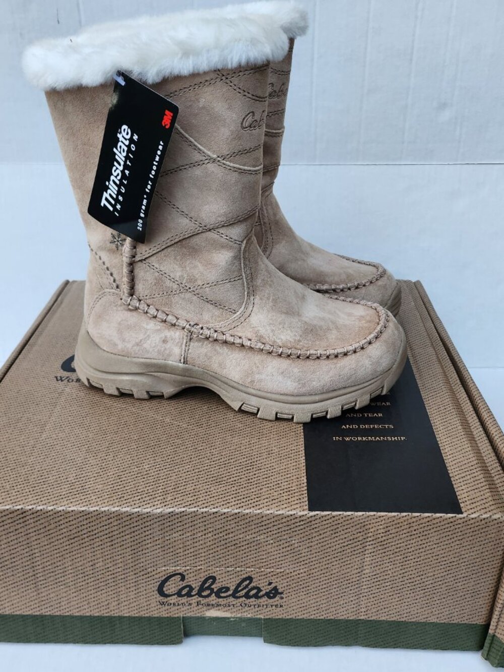 Cabela's High Drift 10" Thinsulate Winter Boots NWB Size 7 Tan Fur Suede Snow